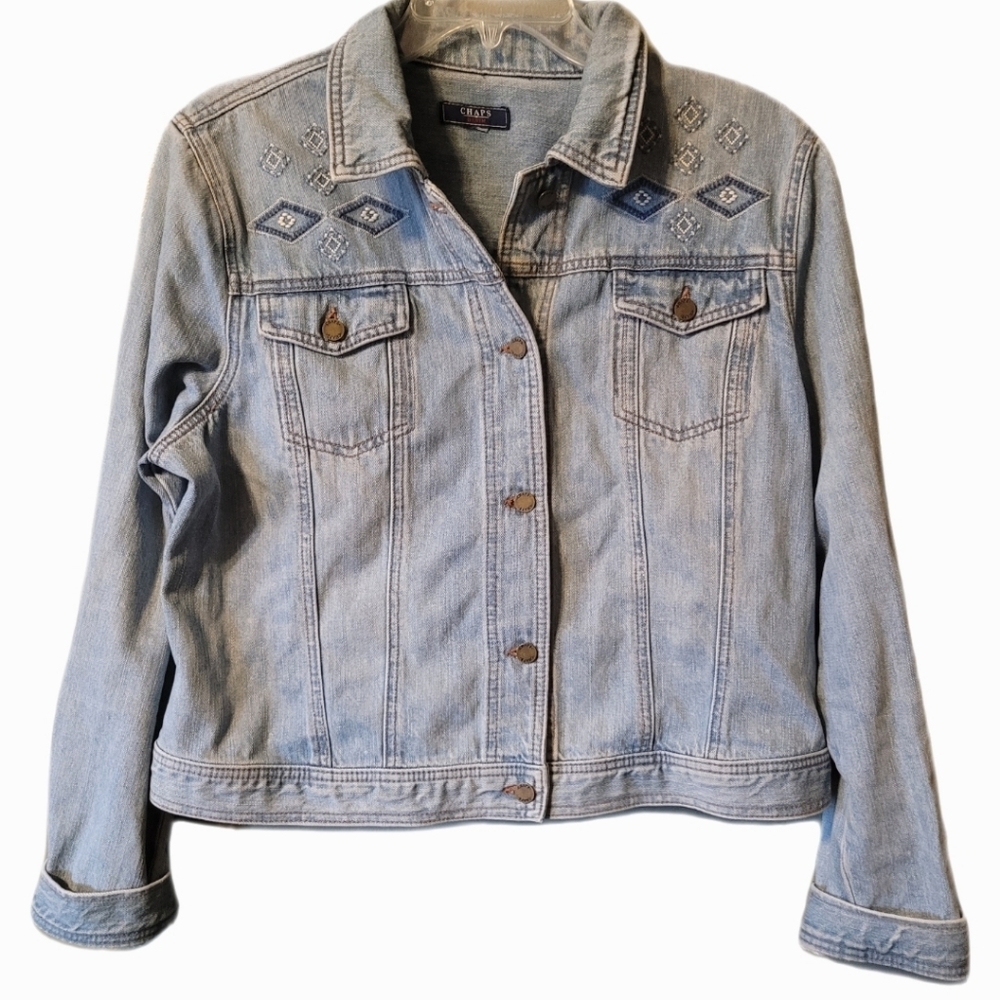 Chaps Womens Trucker Jean Jacket Light Wash Denim Aztec Embroidery Western Core
